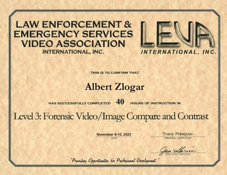 Completion of training in Forensic Video/Image Compare and Contrast hosted by LEVA.